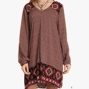 Umgee Women's Chocolate Brown Boho Pheasent Bohemian Chic Long Sleeve Dress